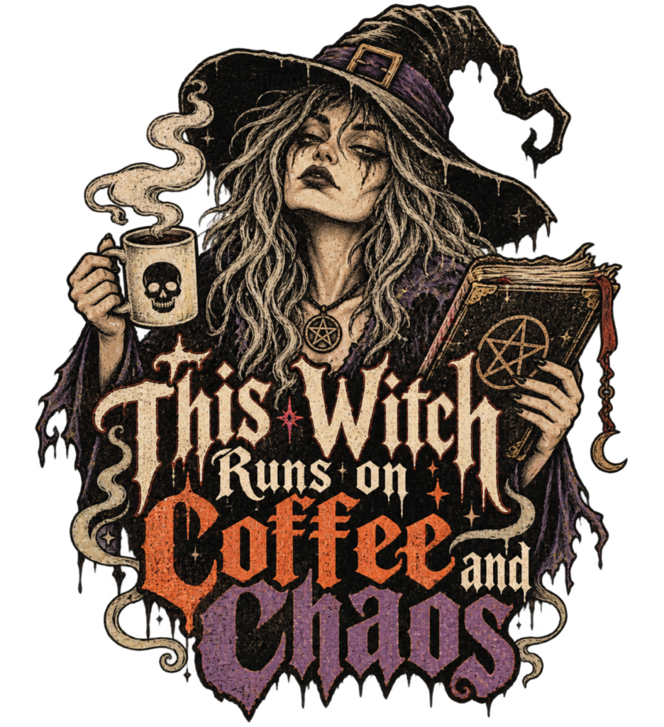 THIS WITCH RUNS ON COFFEE AND CHAOS free Halloween PNG design